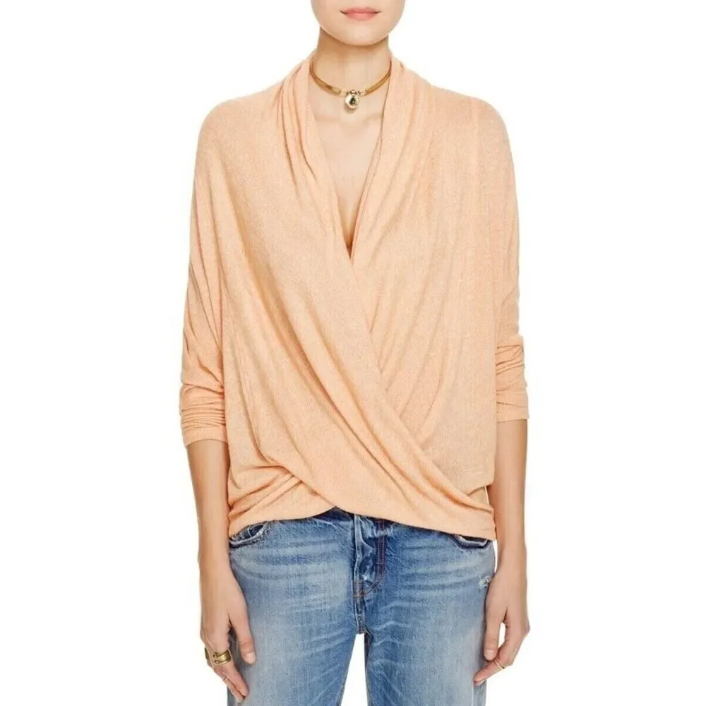 $68 FREE PEOPLE We the Free Sheila Draped Faux-Wrap Pullover Sweater Knit Top L